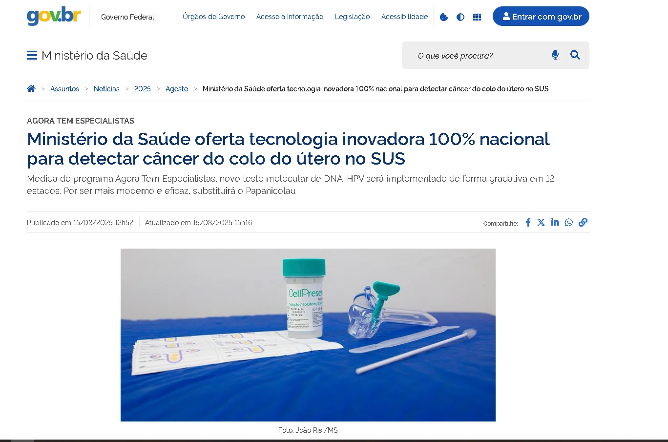 Notícia do Ministério da Saúde sobre tecnologia 100% nacional para detectar câncer do colo do útero no SUS